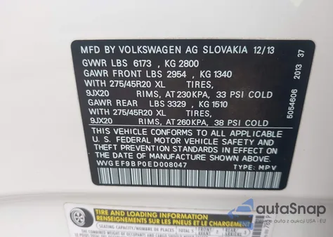 2014 Volkswagen Touareg 3.6L Executive z USA, uszkodzony, nr VIN WVGEF9BP0ED008047